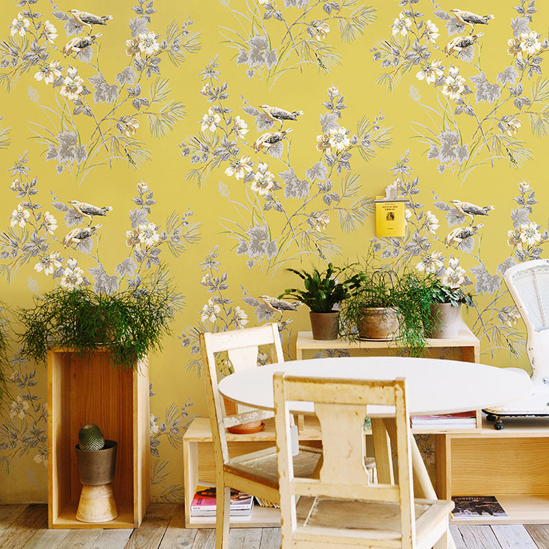 Non-Pasted Wallpaper Roll with Bird and Flower Design for Coffee Shop, 33'L x 20.5