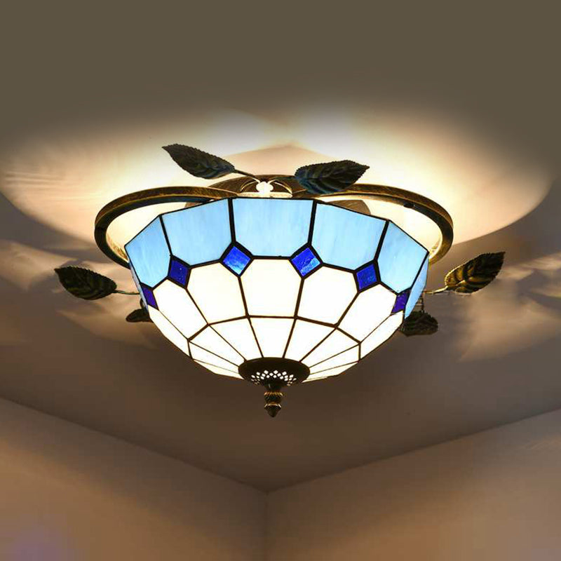 Blue Flower Design Ceiling Light Stained Glass 3 Lights Flushmount Light with Leaf Decoration Blue Clearhalo 'Ceiling Lights' 'Close To Ceiling Lights' 'Close to ceiling' 'Glass shade' 'Glass' 'Semi-flushmount' 'Tiffany close to ceiling' 'Tiffany' Lighting' 92713