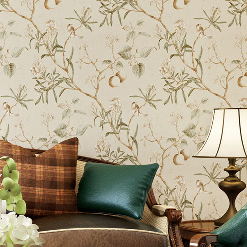 Plaster Wallpaper Roll with Beige and Green Apple Tree Design, 33'L x 20.5