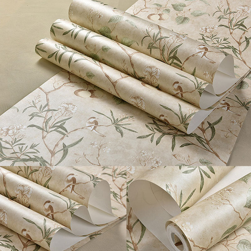 Plaster Wallpaper Roll with Beige and Green Apple Tree Design, 33'L x 20.5