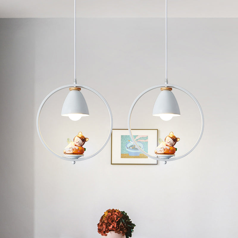 Iron Bell and Ring Hanging Light Kit Nordic 1 Head White Finish Pendulum Lamp with Pig/Girl/Boy Deco Clearhalo 'Ceiling Lights' 'Pendant Lights' 'Pendants' Lighting' 927907