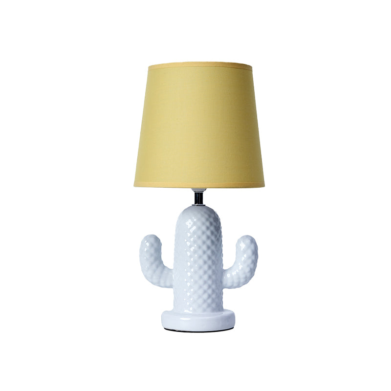 Ceramics Cactus Table Lighting Nordic Style Single Head White Desk Lamp with Barrel Yellow Fabric Shade Clearhalo 'Lamps' 'Table Lamps' Lighting' 927988