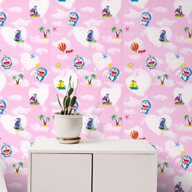 Self-Adhesive Wallpaper Simple Cartoon Cat and Sailing Boat Wall Decor for Kid Pink Clearhalo 'Wall Decor' 'Wallpaper' 929094