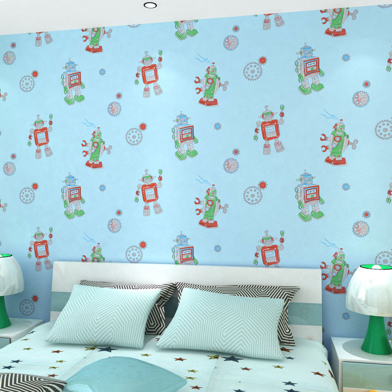 Robot and Astronaut Non-Pasted Wallpaper Roll for Children's Bedroom, 57.1 sq ft., Pastel Color Light Blue Clearhalo 'Wall Decor' 'Wallpaper' 929097