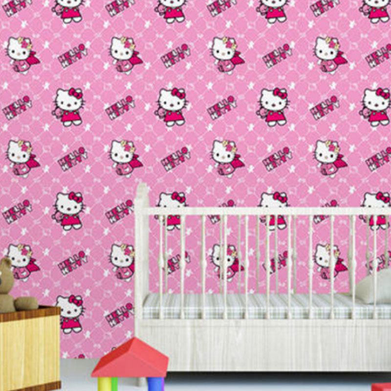 Vinyl 48.4 sq ft. Wallpaper Self-Adhesive Cute Cartoon Cat Wall Decor for Girl Pink Clearhalo 'Wall Decor' 'Wallpaper' 929111