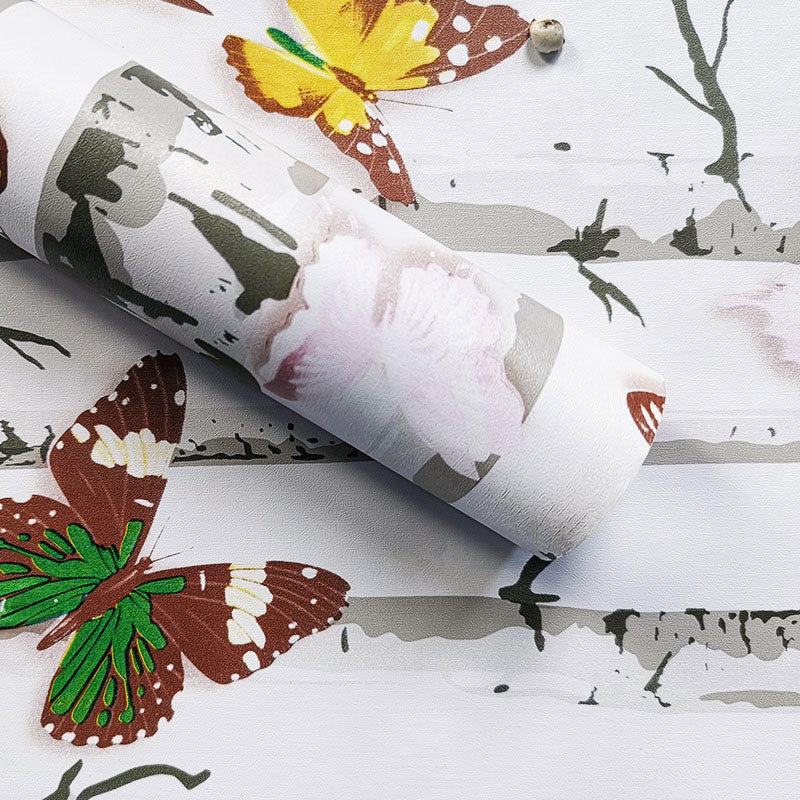 Plaster Removable Wallpaper Roll with Multicolored Butterfly and Birch Tree Design for Children, 48.4 sq ft. Clearhalo 'Wall Decor' 'Wallpaper' 929116