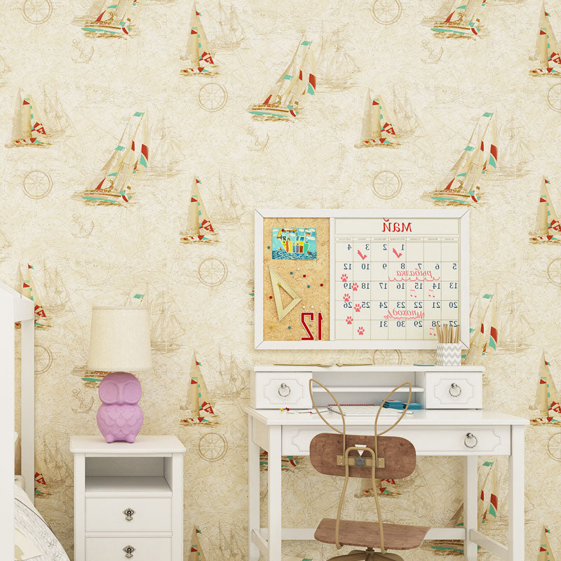 Vintage Boat Wallpaper Non-Pasted Wall Covering in Beige Color for Children, 20.5