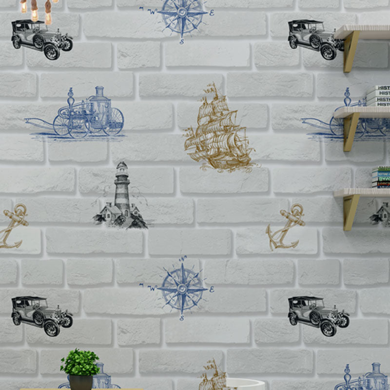 Contemporary Wallpaper Roll Brick and Graffiti Non-Pasted Wall Decor for Children, 57.1 sq ft. Blue-White Clearhalo 'Industrial wall decor' 'Industrial' 'Wallpaper' Wall Decor' 929388