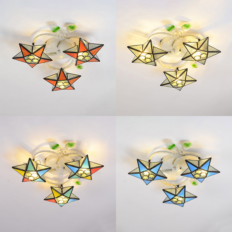 3 Heads Star Semi Flush Light Modernism Tiffany Stained Glass Ceiling Light Fixture in Yellow/Orange/Blue/Clear/Multi-Color Clearhalo 'Ceiling Lights' 'Close To Ceiling Lights' 'Close to ceiling' 'Glass shade' 'Glass' 'Island Lights' 'Semi-flushmount' 'Tiffany close to ceiling' 'Tiffany' Lighting' 93006