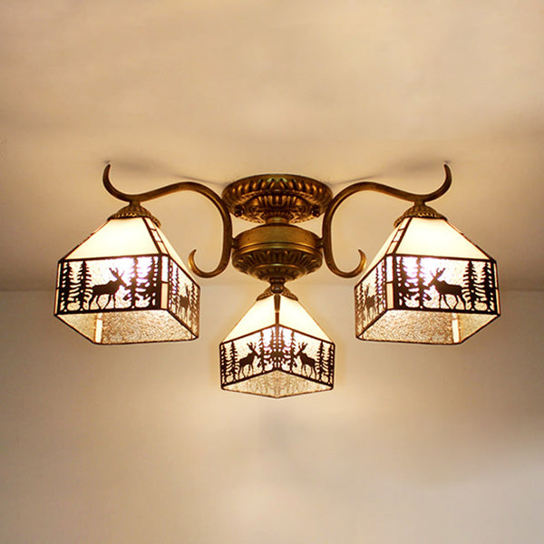 Deer Semi Flushmount Lodge Style Stained Glass 3 Lights Semi Flush Lighting in Aged Brass Beige Clearhalo 'Ceiling Lights' 'Close To Ceiling Lights' 'Close to ceiling' 'Glass shade' 'Glass' 'Semi-flushmount' 'Tiffany close to ceiling' 'Tiffany' Lighting' 93047