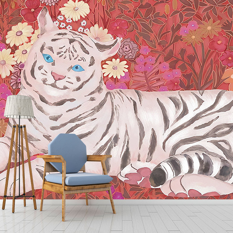 Big Illustration Contemporary Wall Covering for Living Room with Cute Tiger and Floral Design in Pink Pink Clearhalo 'Wall Decor' 'Wall Mural' 930907