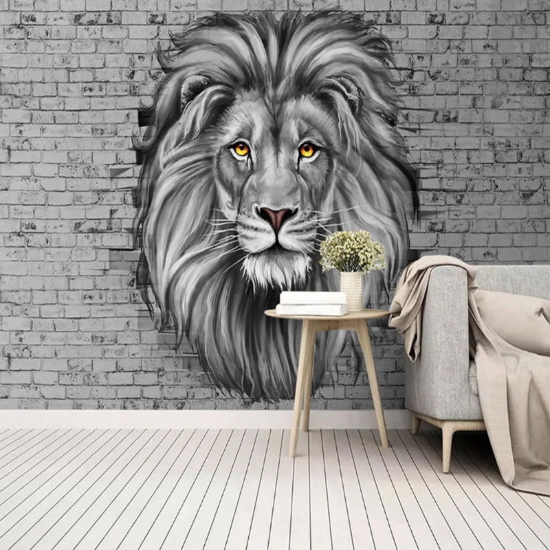 Giant Illustration Lion Mural for Theme Park Decoration in Grey, Personalized Size Available Grey Clearhalo 'Wall Decor' 'Wall Mural' 930917