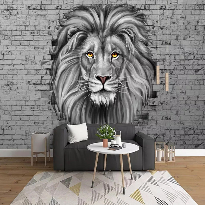 Giant Illustration Lion Mural for Theme Park Decoration in Grey, Personalized Size Available Clearhalo 'Wall Decor' 'Wall Mural' 930918