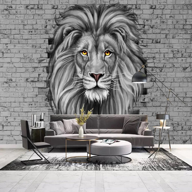 Giant Illustration Lion Mural for Theme Park Decoration in Grey, Personalized Size Available Clearhalo 'Wall Decor' 'Wall Mural' 930919