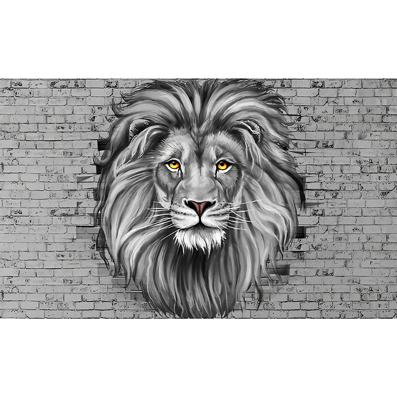 Giant Illustration Lion Mural for Theme Park Decoration in Grey, Personalized Size Available Clearhalo 'Wall Decor' 'Wall Mural' 930920