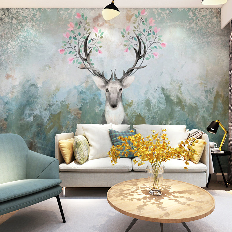 Aesthetic Deer and Forest Mural in Dark Green Living Room Wall Art, Personalized Size Available Green Clearhalo 'Wall Decor' 'Wall Mural' 930927