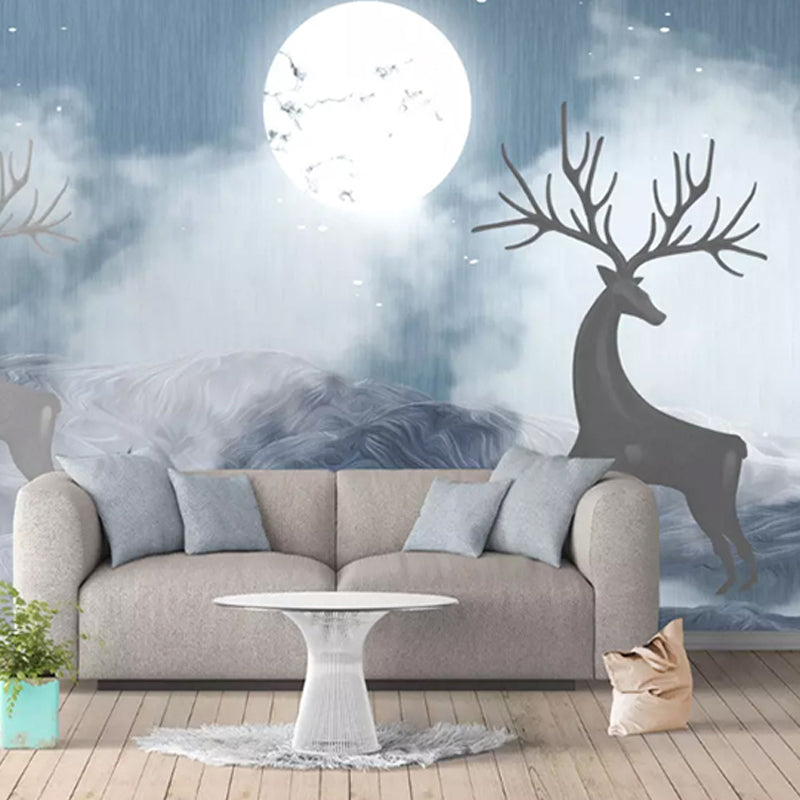 Decorative Moon and Deer Mural Non-Woven Nostalgic Wall Covering for Accent Wall Blue Clearhalo 'Wall Decor' 'Wall Mural' 930932