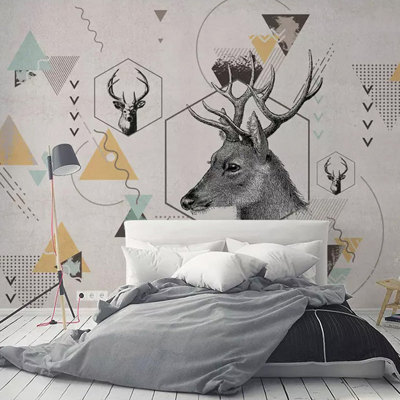 Wild Deer and Geometries Mural for Home Decor Contemporary Wall Art, Personalized Size Available Clearhalo 'Wall Decor' 'Wall Mural' 930938