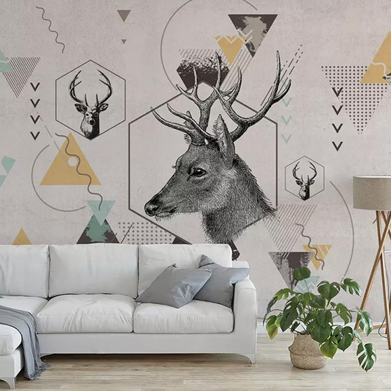 Wild Deer and Geometries Mural for Home Decor Contemporary Wall Art, Personalized Size Available Clearhalo 'Wall Decor' 'Wall Mural' 930939