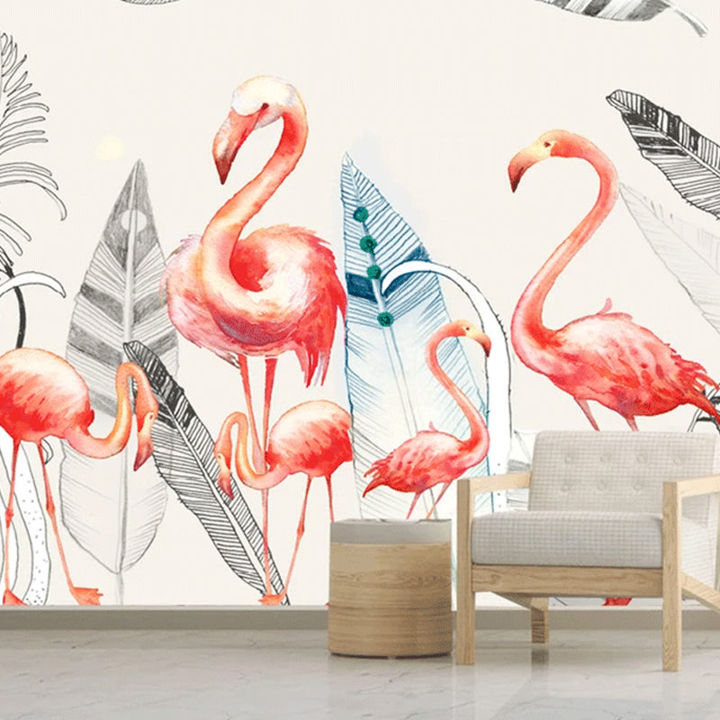 Waterproof Flamingo and Feather Mural Customized Elegant Wall Art for Accent Wall Clearhalo 'Wall Decor' 'Wall Mural' 930944