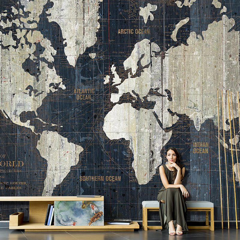 Whole World Map Mural Wallpaper for Living Room Fantasy Wall Decor in Dark Color, Stain-Resistant Clearhalo 'Wall Decor' 'Wall Mural' 930959