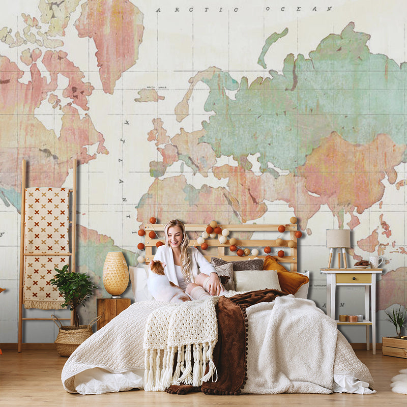 Fresh Green World Map Mural Wallpaper for Restaurant Decoration, Non-Woven Material Clearhalo 'Wall Decor' 'Wall Mural' 930968