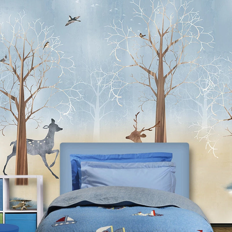 Soft Blue Nordic Wall Decor Full Size Deer and Tree Mural Wallpaper for Children's Bedroom Blue Clearhalo 'Wall Decor' 'Wall Mural' 930977