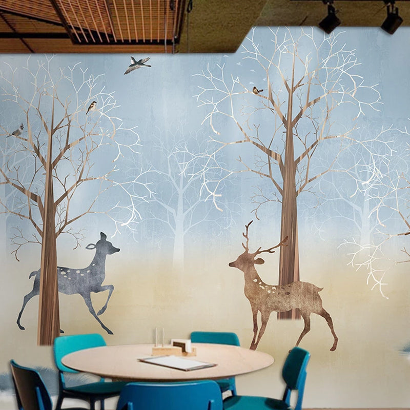 Soft Blue Nordic Wall Decor Full Size Deer and Tree Mural Wallpaper for Children's Bedroom Clearhalo 'Wall Decor' 'Wall Mural' 930978