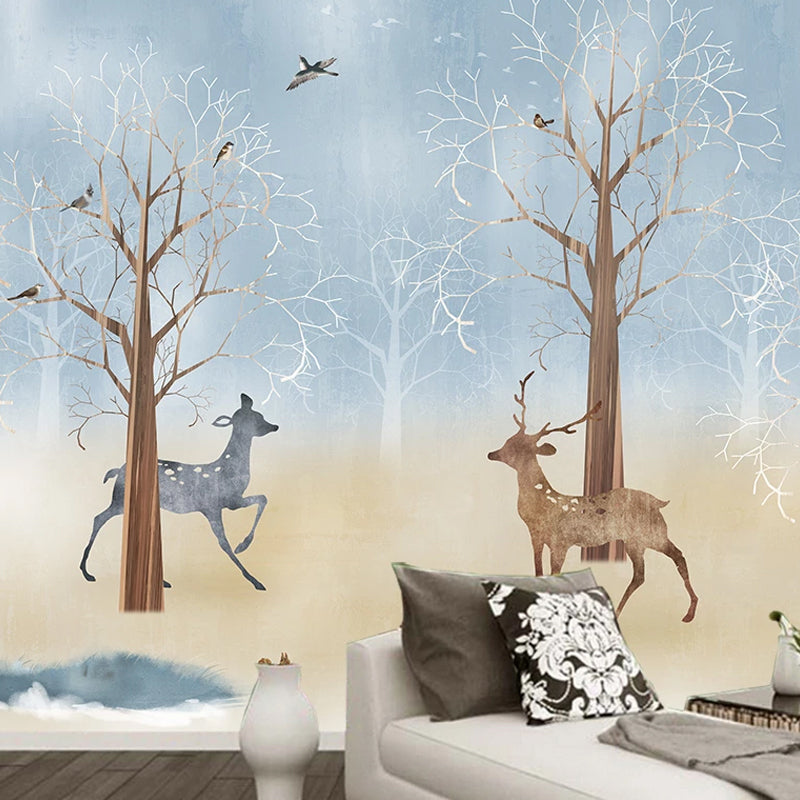 Soft Blue Nordic Wall Decor Full Size Deer and Tree Mural Wallpaper for Children's Bedroom Clearhalo 'Wall Decor' 'Wall Mural' 930979