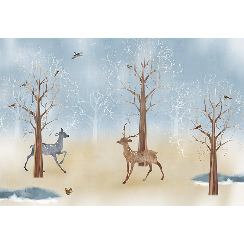 Soft Blue Nordic Wall Decor Full Size Deer and Tree Mural Wallpaper for Children's Bedroom Clearhalo 'Wall Decor' 'Wall Mural' 930980