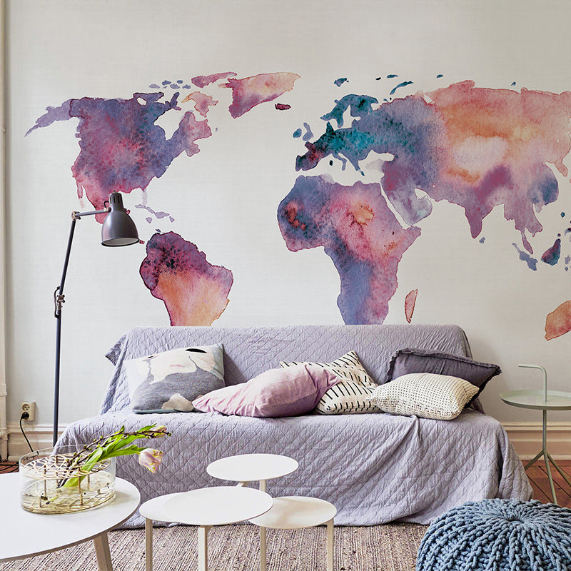 Moisture-Resistant World Map Mural Non-Woven Fabric Modern Wall Art for Reading Room Orange-Purple Clearhalo 'Wall Decor' 'Wall Mural' 930982