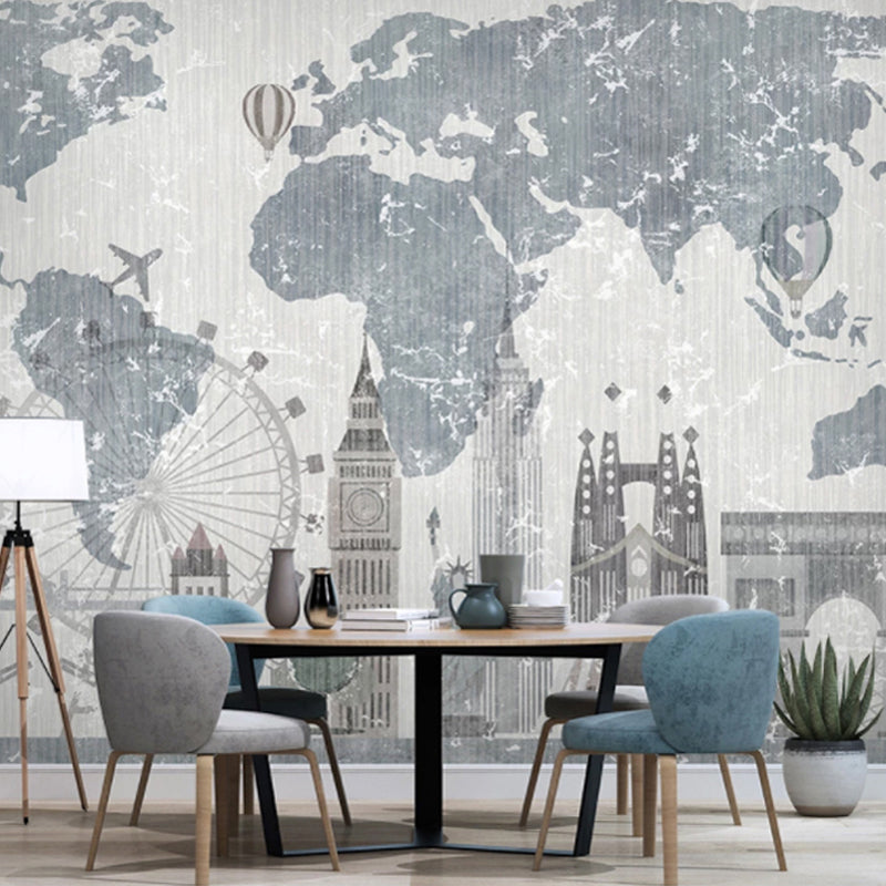 Illustration World Map Mural Full Size Wall Covering for Coffee Shop in Grey and Blue, Made to Measure Gray-Blue Clearhalo 'Wall Decor' 'Wall Mural' 930992