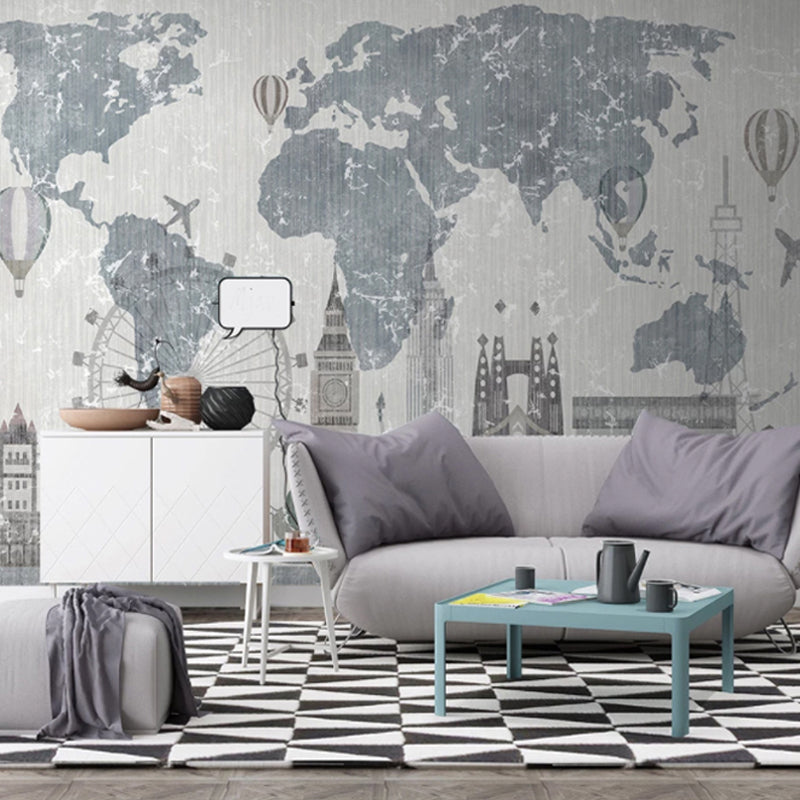 Illustration World Map Mural Full Size Wall Covering for Coffee Shop in Grey and Blue, Made to Measure Clearhalo 'Wall Decor' 'Wall Mural' 930993