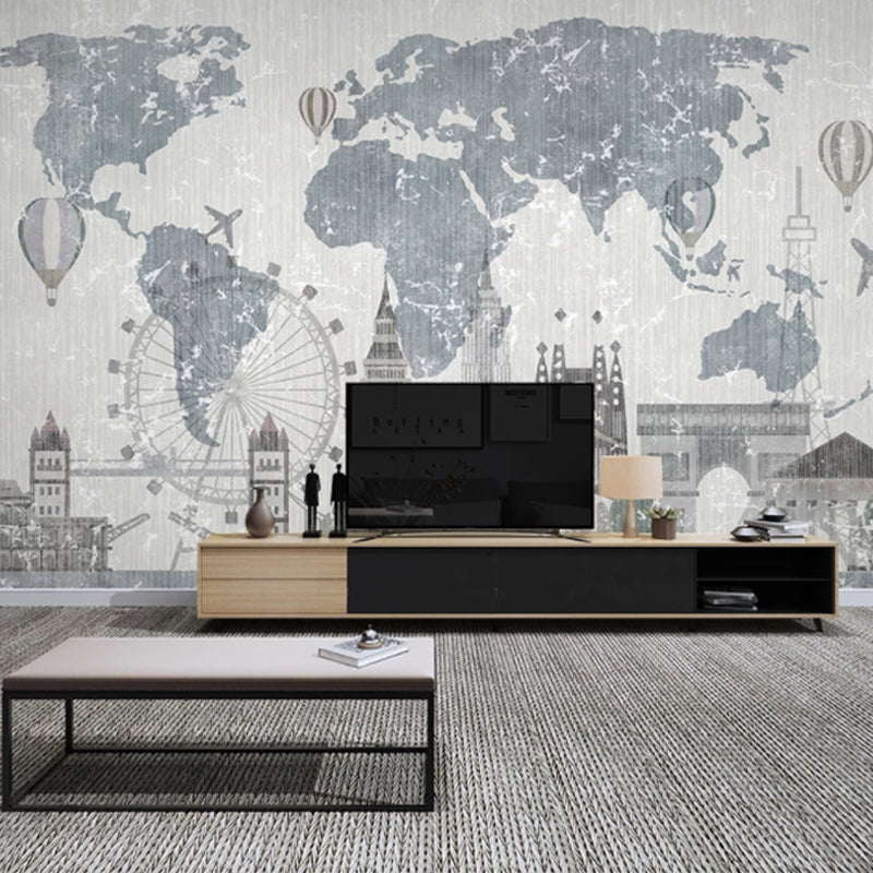 Illustration World Map Mural Full Size Wall Covering for Coffee Shop in Grey and Blue, Made to Measure Clearhalo 'Wall Decor' 'Wall Mural' 930994