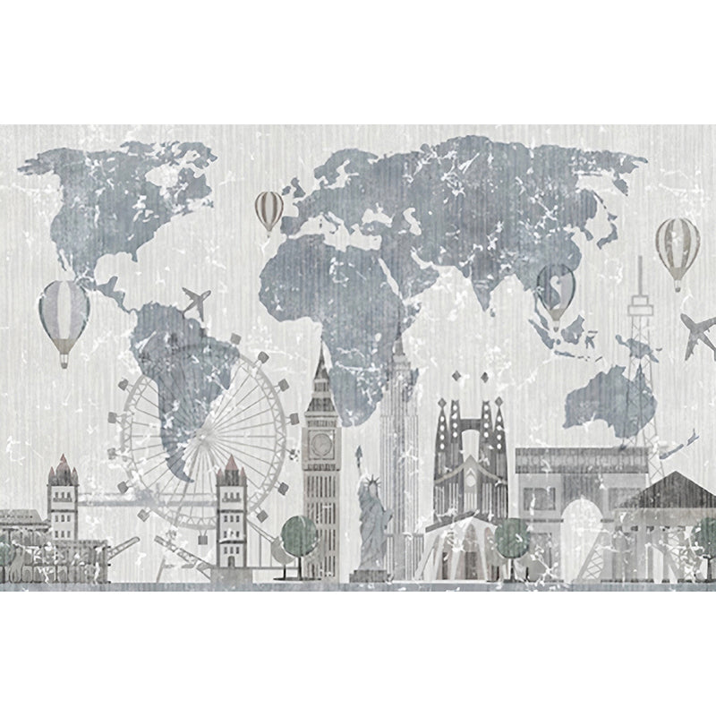 Illustration World Map Mural Full Size Wall Covering for Coffee Shop in Grey and Blue, Made to Measure Clearhalo 'Wall Decor' 'Wall Mural' 930995