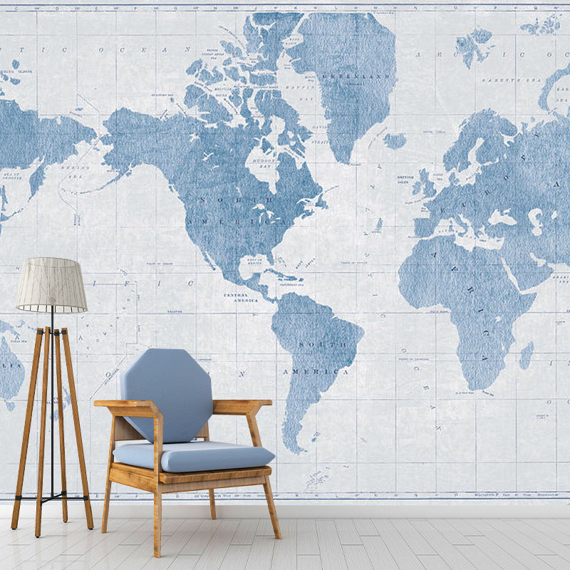 Contemporary World Map Mural Wallpaper in Pastel Blue Coffee Shop Wall Covering, Full Size Blue Clearhalo 'Wall Decor' 'Wall Mural' 931007