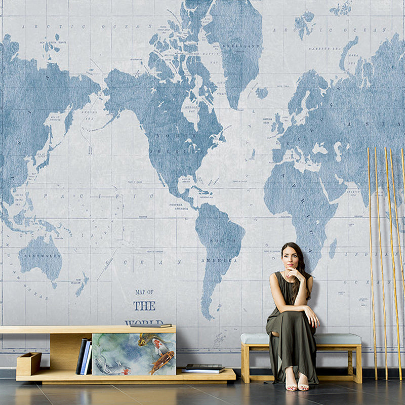 Contemporary World Map Mural Wallpaper in Pastel Blue Coffee Shop Wall Covering, Full Size Clearhalo 'Wall Decor' 'Wall Mural' 931008