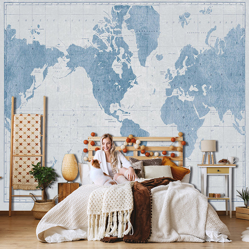 Contemporary World Map Mural Wallpaper in Pastel Blue Coffee Shop Wall Covering, Full Size Clearhalo 'Wall Decor' 'Wall Mural' 931009