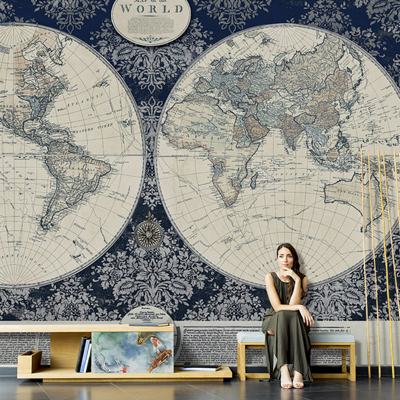 Full World Map Wall Art Nostalgic Novelty Mural Wallpaper in Light Color, Custom-Made Clearhalo 'Wall Decor' 'Wall Mural' 931013