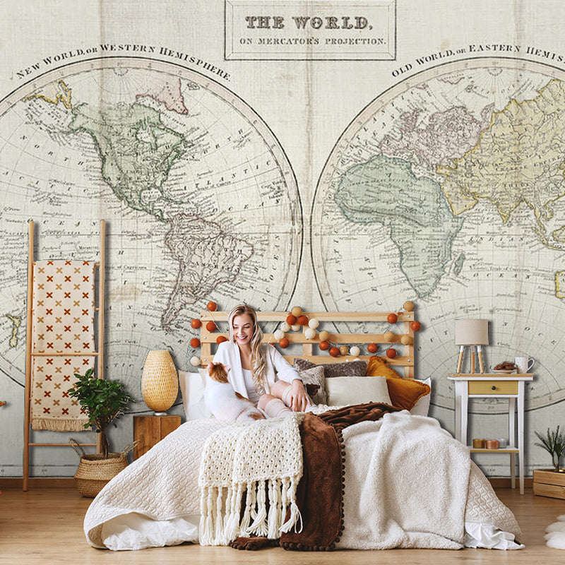 Full World Map Wall Art Nostalgic Novelty Mural Wallpaper in Light Color, Custom-Made Clearhalo 'Wall Decor' 'Wall Mural' 931019