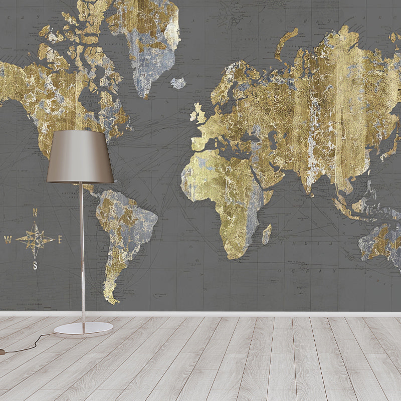 Gold World Map Mural Water-Resistant Wall Decor for Accent Wall Gold Clearhalo 'Wall Decor' 'Wall Mural' 931022