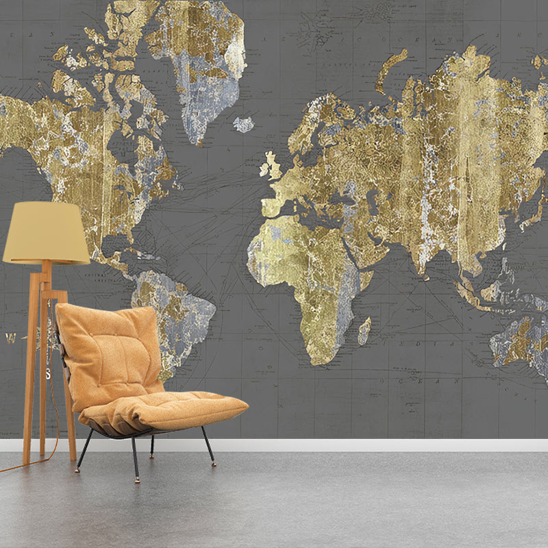 Gold World Map Mural Water-Resistant Wall Decor for Accent Wall Clearhalo 'Wall Decor' 'Wall Mural' 931023