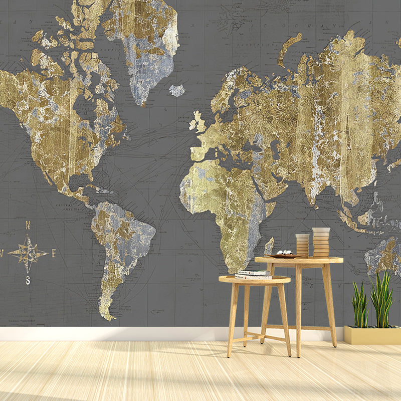 Gold World Map Mural Water-Resistant Wall Decor for Accent Wall Clearhalo 'Wall Decor' 'Wall Mural' 931024