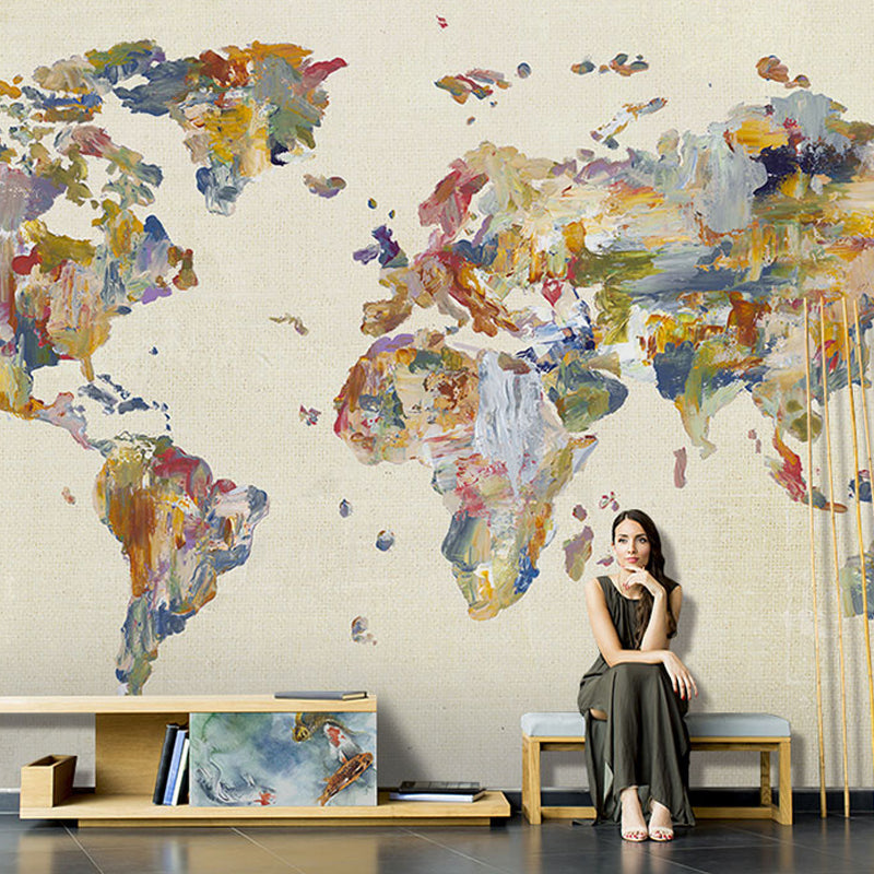 Illustration World Map Mural Extra Large Wall Art for Home Decoration, Full Size Beige Clearhalo 'Wall Decor' 'Wall Mural' 931027