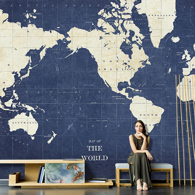 Decorative World Map Wall Covering Non-Woven Fabric Mural Wallpaper for Home Decoration Dark Blue Clearhalo 'Wall Decor' 'Wall Mural' 931032