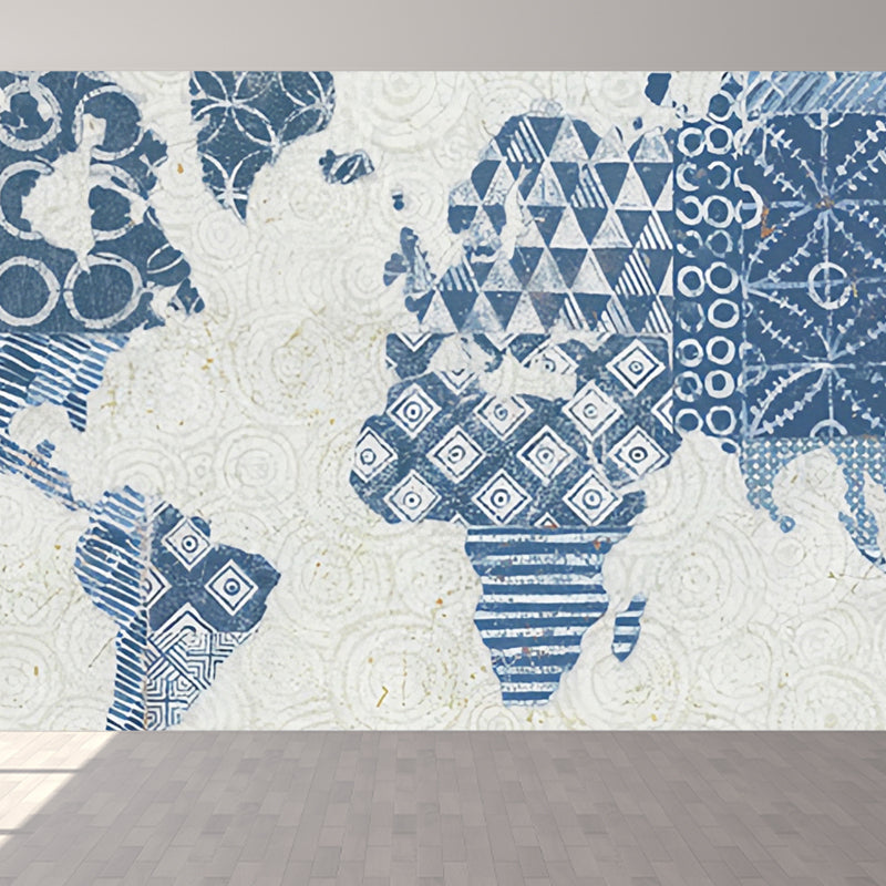 Minimalist Wall Mural with Map of the World Design for Coffee Shop, Large Wall Art in Soft Blue Clearhalo 'Wall Decor' 'Wall Mural' 931039