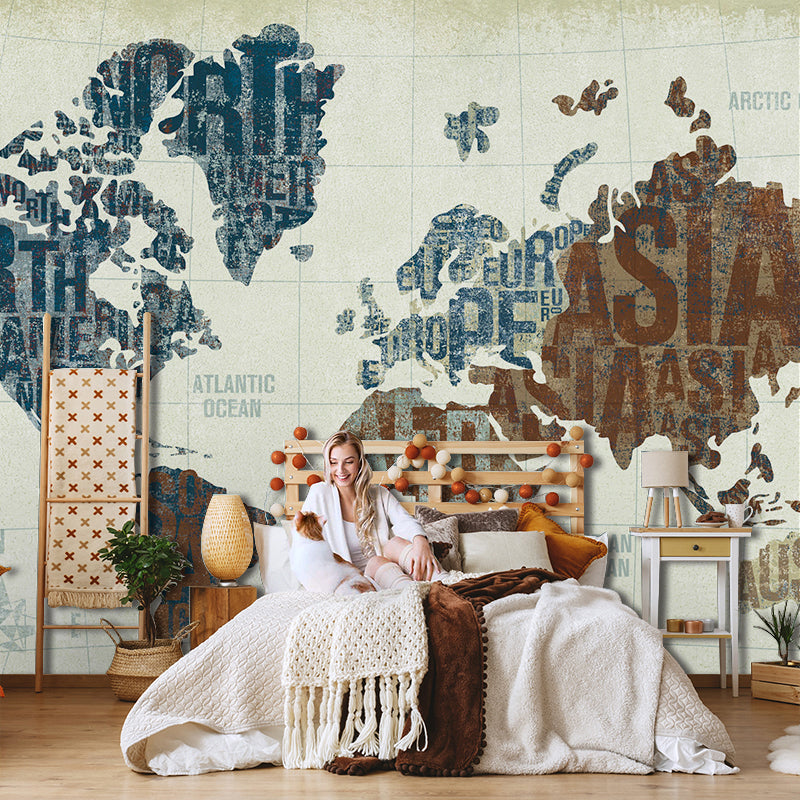 Large illustration Contemporary Mural Wallpaper for Living Room with Brown and Blue World Map Blue-Brown Clearhalo 'Wall Decor' 'Wall Mural' 931042