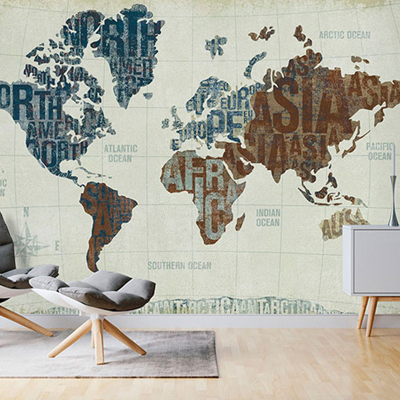 Large illustration Contemporary Mural Wallpaper for Living Room with Brown and Blue World Map Clearhalo 'Wall Decor' 'Wall Mural' 931043