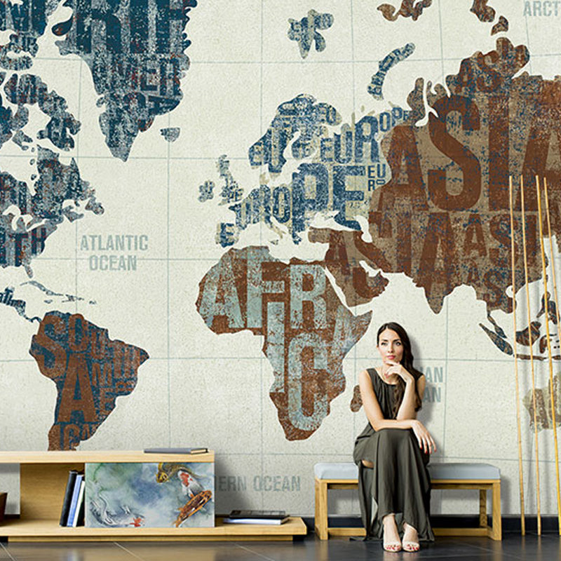 Large illustration Contemporary Mural Wallpaper for Living Room with Brown and Blue World Map Clearhalo 'Wall Decor' 'Wall Mural' 931044