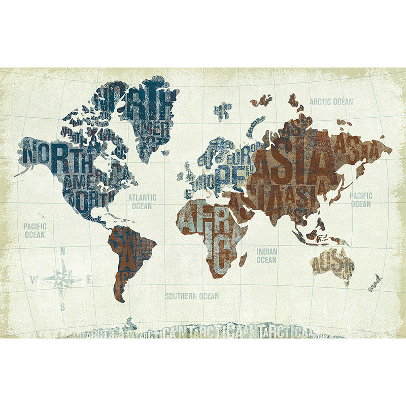 Large illustration Contemporary Mural Wallpaper for Living Room with Brown and Blue World Map Clearhalo 'Wall Decor' 'Wall Mural' 931045